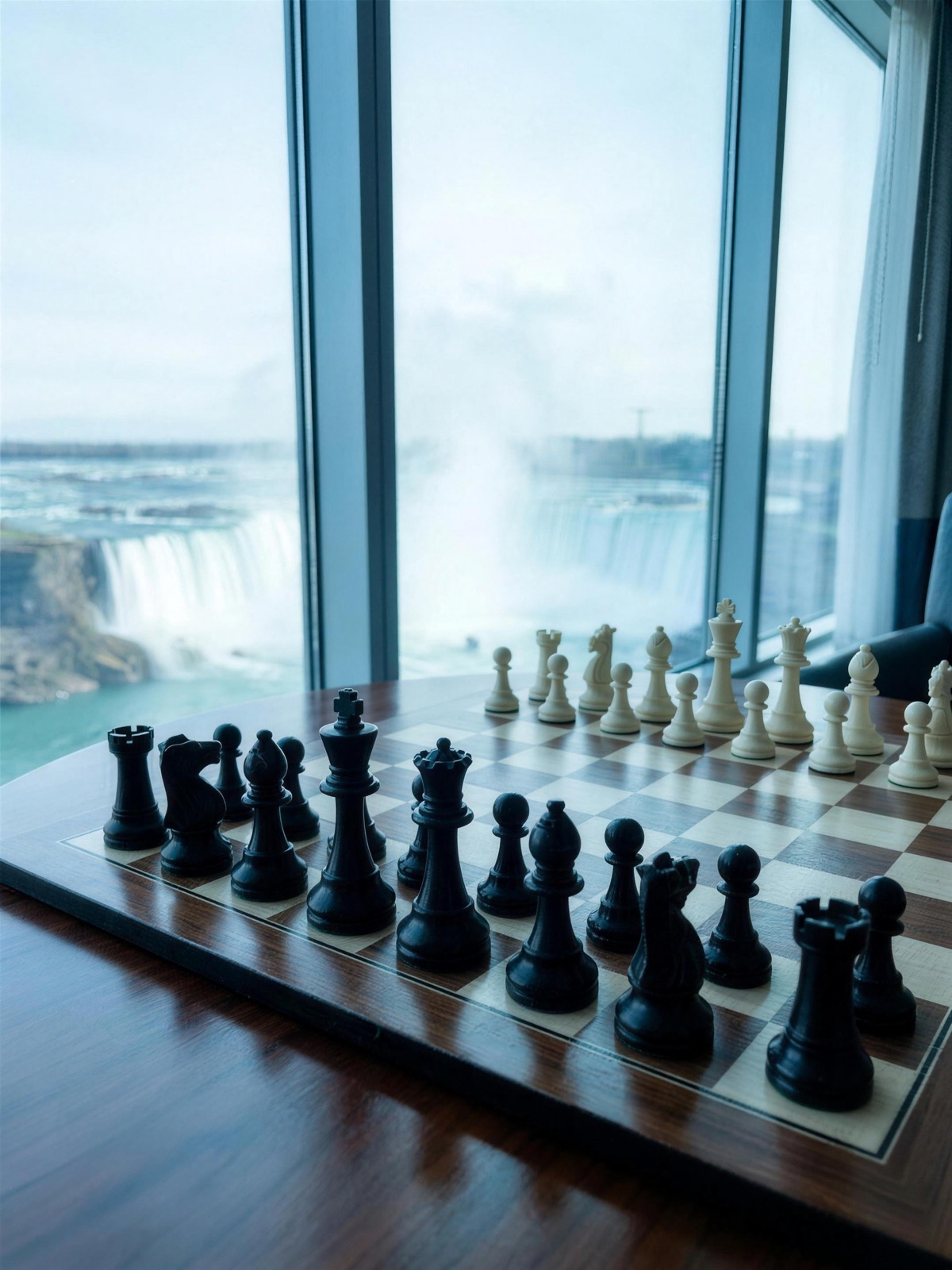 A chess board set up for play on a table beside a hotel window overlooking Niagara Falls